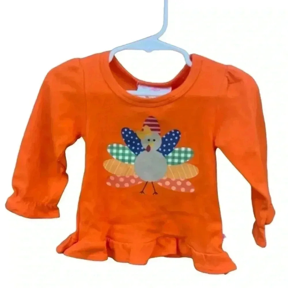 Lolly Wolly Doodle Orange Long Sleeve Ruffle‎ Tee colorful Turkey. 9/12 month.